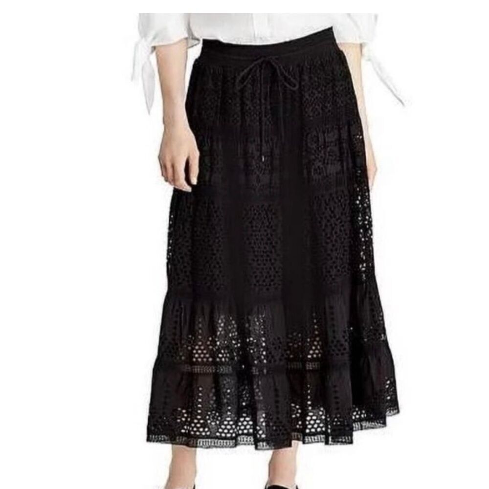 Ralph Lauren Y2K black eyelet tiered lined midi skirt Sz M # 2403
